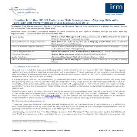 Feedback on the COSO Enterprise Risk Management 20160929 Final