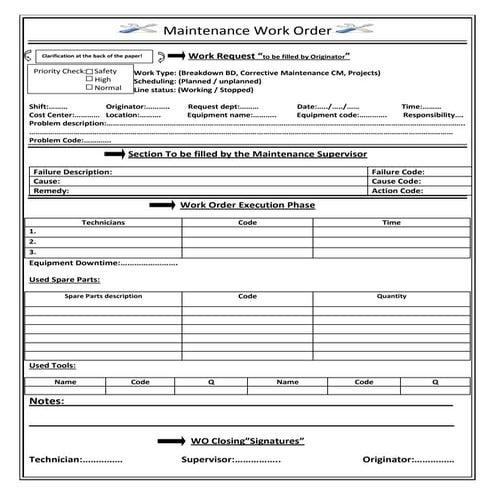 Maintenance Work Order Sheet
