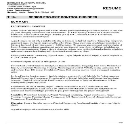 Igwebuike CV_Project Control Engineer | PDF