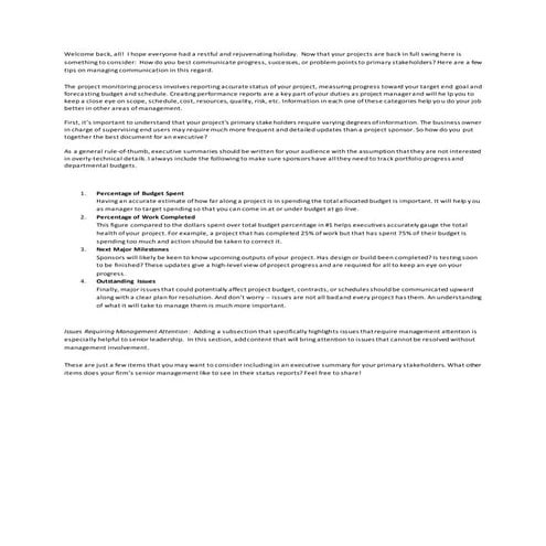 Welcome back executive summery of stakeholder