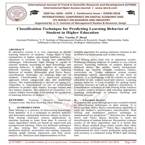 Classification Technique for Predicting Learning Behavior of Student in Highe...