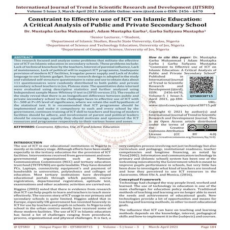 Constraint to Effective use of ICT on Islamic Education A Critical Analysis o...