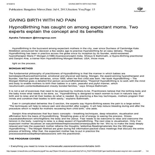 GIVING BIRTH WITH NO PAIN - An article published in the Bangalore Mirror abou...