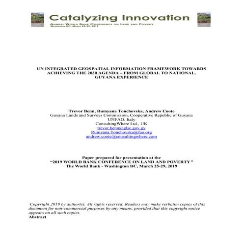 UN Integrated Geospatial Information Framework towards achieving the 2030 Agenda – from global to national. Guyana experience