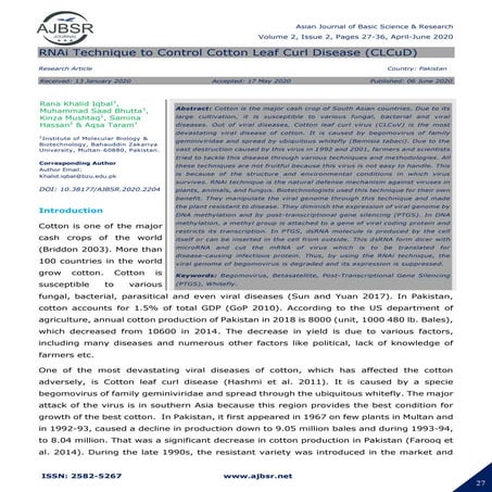 RNAi Technique to Control Cotton Leaf Curl Disease (CLCuD)