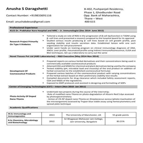 Anusha S Daragshetti Resume
