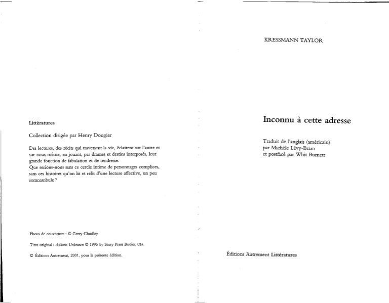 Inconnu à Cette Adresse Résumé Court