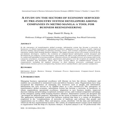 A Study on the Sectors of Economy Serviced by Pre-Industry System Developers among Companies in Metro Manila : A Tool for Business Reengineering