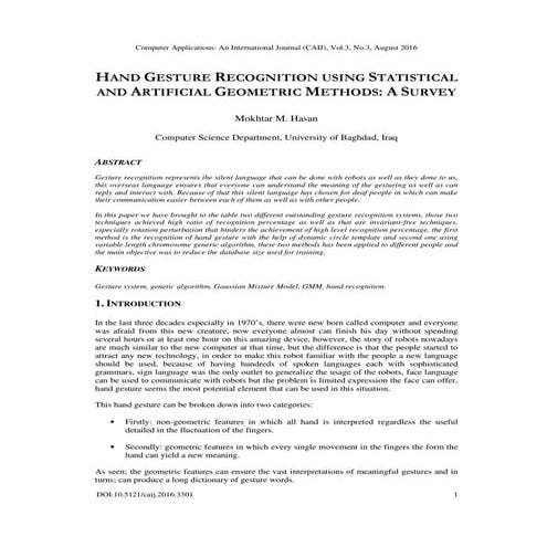 HAND GESTURE RECOGNITION USING STATISTICAL AND ARTIFICIAL GEOMETRIC METHODS: A SURVEY
