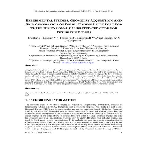 Experimental Studies, Geometry Acquisition and Grid Generation Of Diesel Engi...