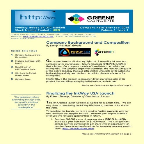 Greene Concepts Newsletter  Vol. 1  Issue 1