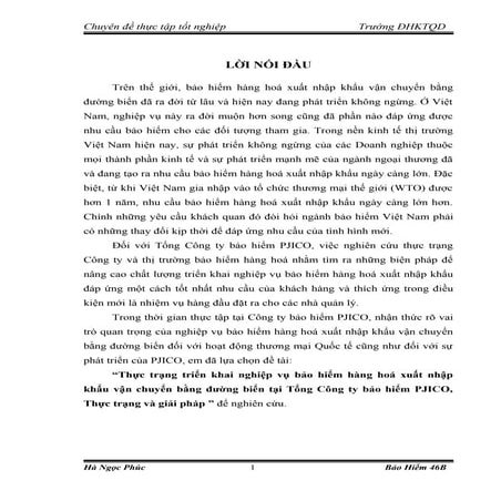 Đề tài  Thực trạng triển khai nghiệp vụ bảo hiểm hàng hoá đường biển rất hay