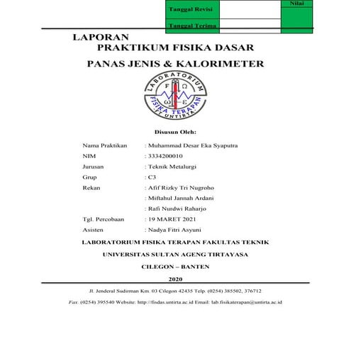 LAPORAN PRAKTIKUM FISIKA DASAR PANAS JENIS DAN KALORIMETER