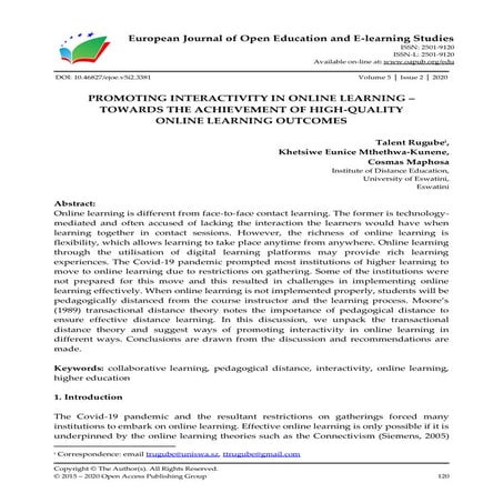 PROMOTING INTERACTIVITY IN ONLINE LEARNING – TOWARDS THE ACHIEVEMENT OF HIGH-...