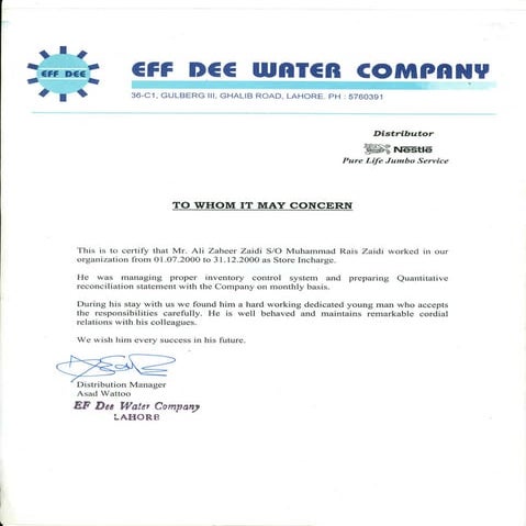 Experince Certificate EFF DEE Water Company | PDF