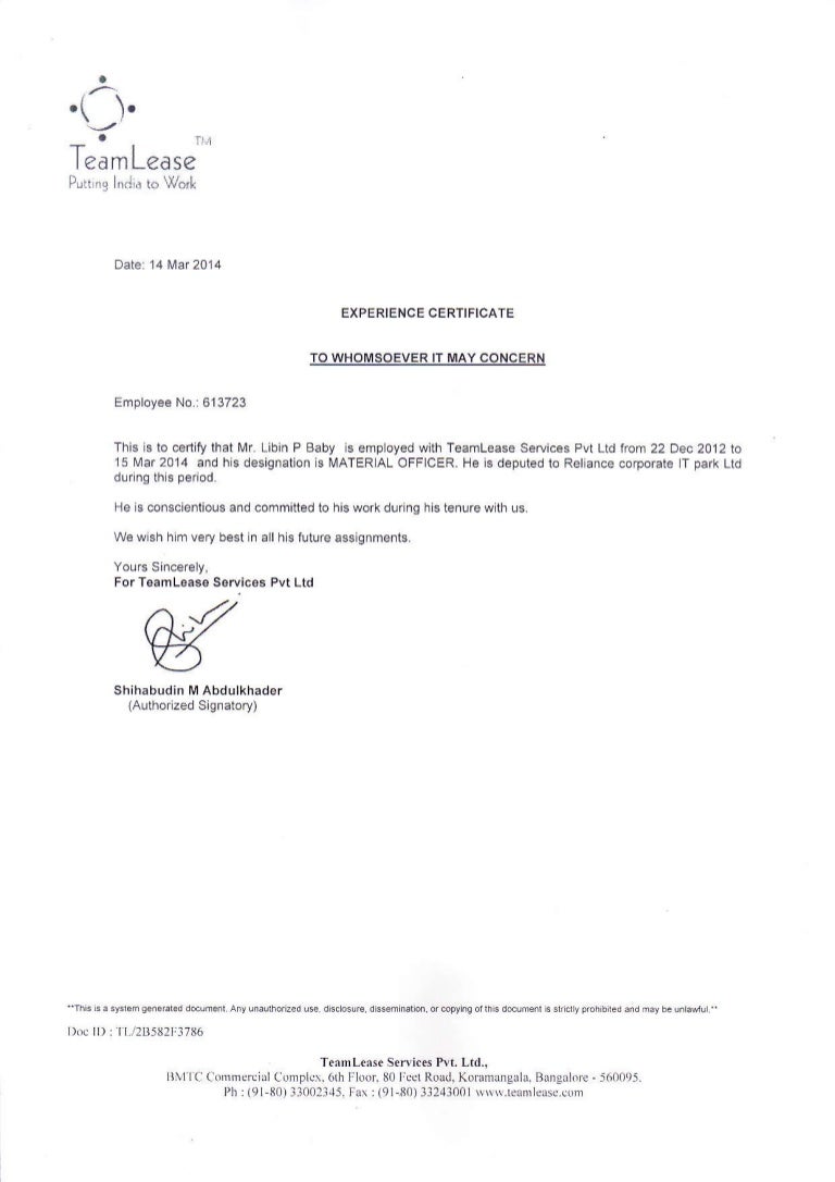 Reliance Exp Certificate