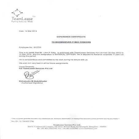 Reliance Exp Certificate