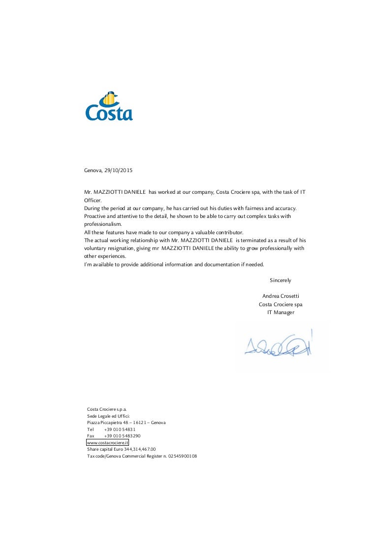 Reference Letter Costa Cruise