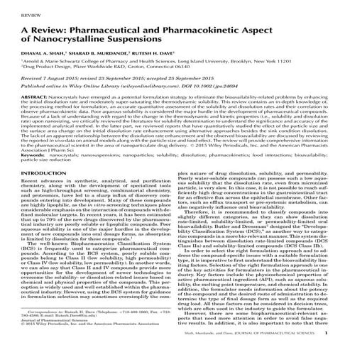 A Review- Pharmaceutical and Pharmacokinetic Aspect of Nanocrystalline Suspen...