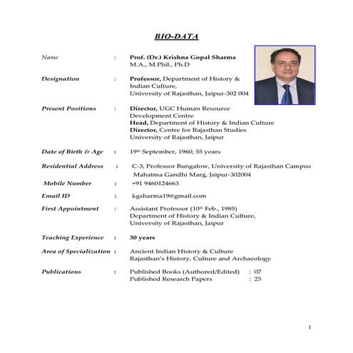 Bio-data Prof. Krishna Gopal Sharma | PDF