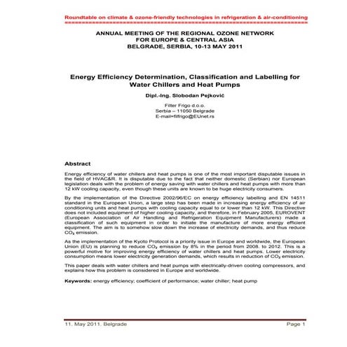 Energy Efficiency determination, classification & labelling of water chillers