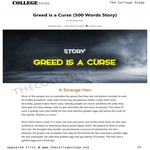 33 greed is a curse (500 words story)   the college study