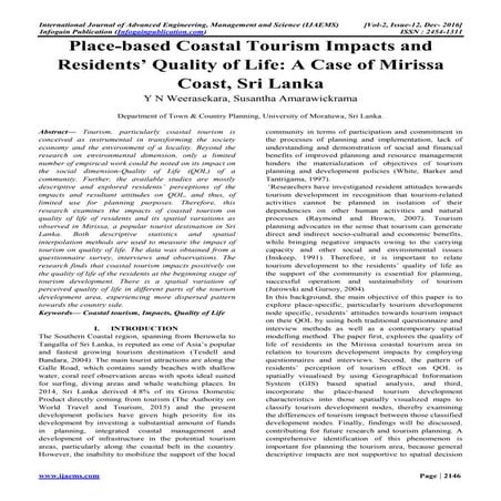 Place based coastal tourism impacts and residents’ quality of life  a case of...