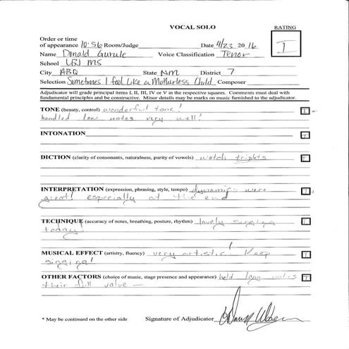 Judges Score Sheet for End of Year Performance at LBJ Middle School