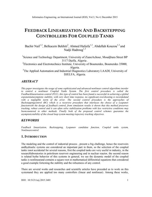 FEEDBACK LINEARIZATION AND BACKSTEPPING CONTROLLERS FOR COUPLED TANKS