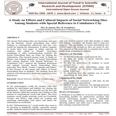 A Study on Effects and Cultural Impacts of Social Networking Sites Among Stud...