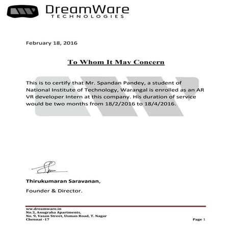 Internship Acceptance Letter