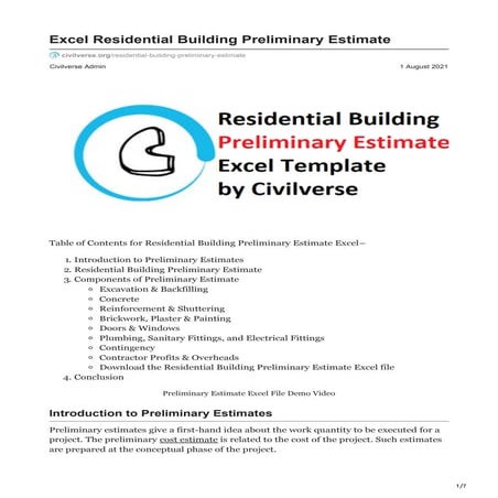 Residential Building Preliminary Cost Estimate- Excel Template