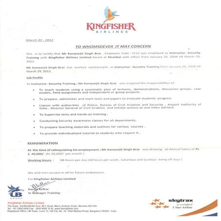 Kingfisher Airlines Experience Letter
