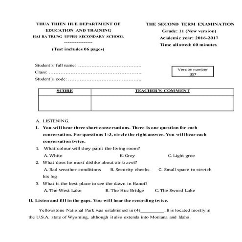 Đề kiểm tra học kỳ 2 môn Tiếng Anh 11 new version