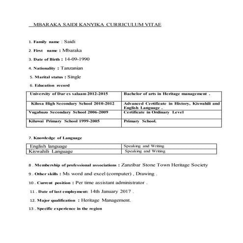 MBARAKA SAIDI KANYIKA CURICULAM VITAE[1]
