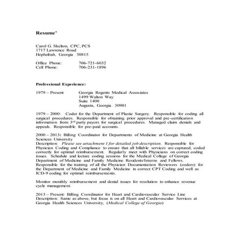 RESUME Carol G. Skelton, CPC