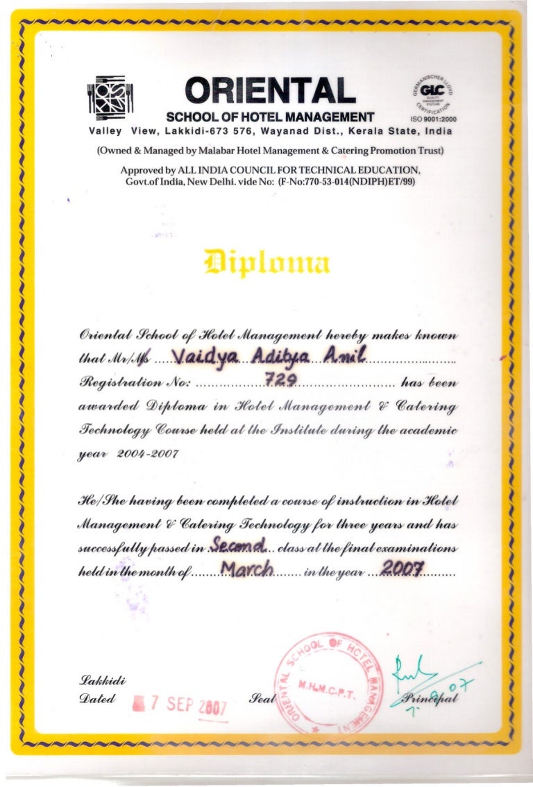 diploma hotel mgmt hotel management training certificate sample