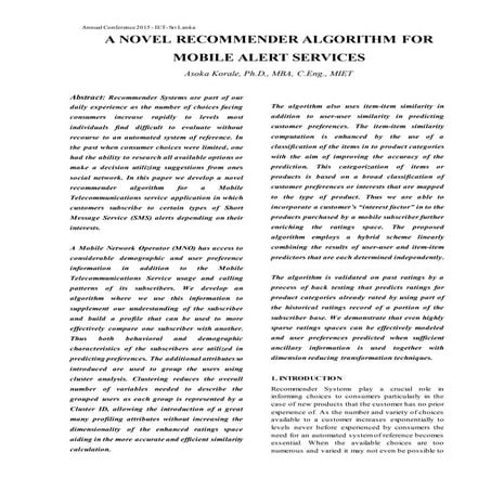 A novel recommender for mobile telecom alert services - linkedin