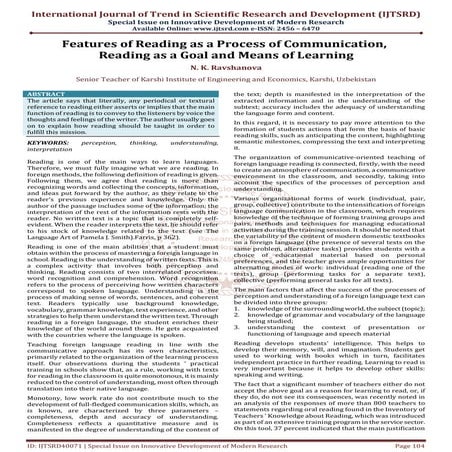 Features of Reading as a Process of Communication, Reading as a Goal and Mean...