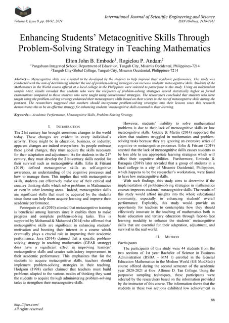 Enhancing Students' Metacognitive Skills Through Problem-Solving Strategy in ...