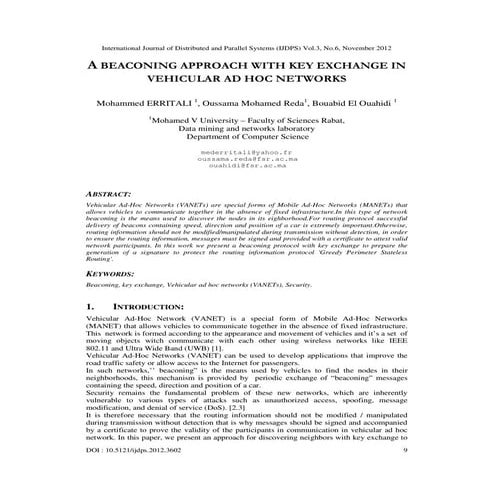 A BEACONING APPROACH WITH KEY EXCHANGE IN VEHICULAR AD HOC NETWORKS