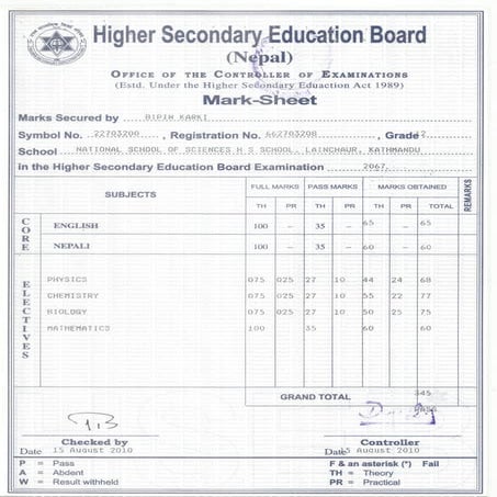 Grade 12 Marksheet