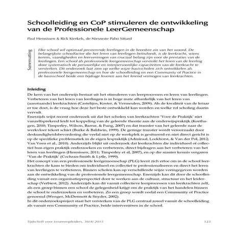 Schoolleiding en CoP stimuleren ontwikkeling Professionele LeerGemeenschap
