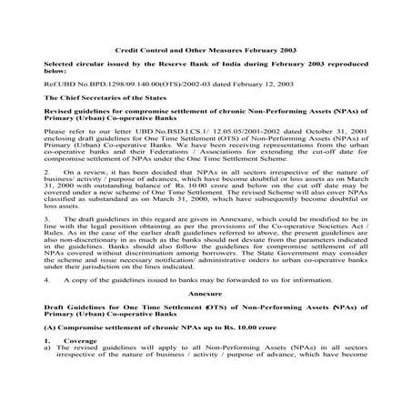 RBI GUIDELINES: CREDIT CONTROL AND OTHER MEASURES FEBRUARY 2003 | PDF