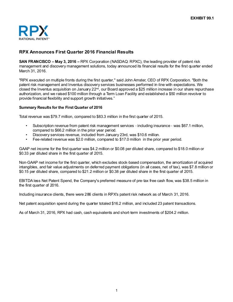 99 1 Press Release Issued By Rpx Corporation Dated May 3 Final