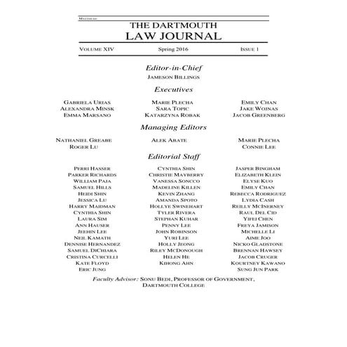 Dartmouth Law Journal Vol 14 1 Spring 2016 PDF