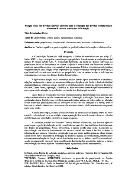 Função social nos direitos autorais: caminho para a concreção dos direitos constitucionais do acesso à cultura, educação e informação - CONFOA 2017