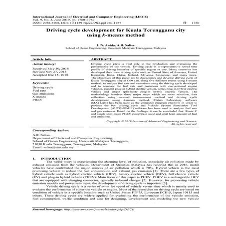 Driving cycle development for Kuala Terengganu city using k-means method