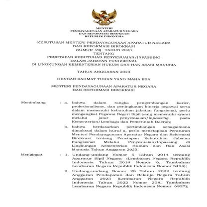 KEPUTUSAN MENTERI PENDAYAGUNAAN APARATUR NEGARA DAN REFORMASI BIROKRASI NOMOR...