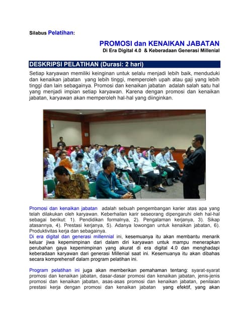 Silabus Pelatihan "PROMOSI Kenaikan Jabatan di Era Digital 4.0 & Keberadaan Generasi Millenial"